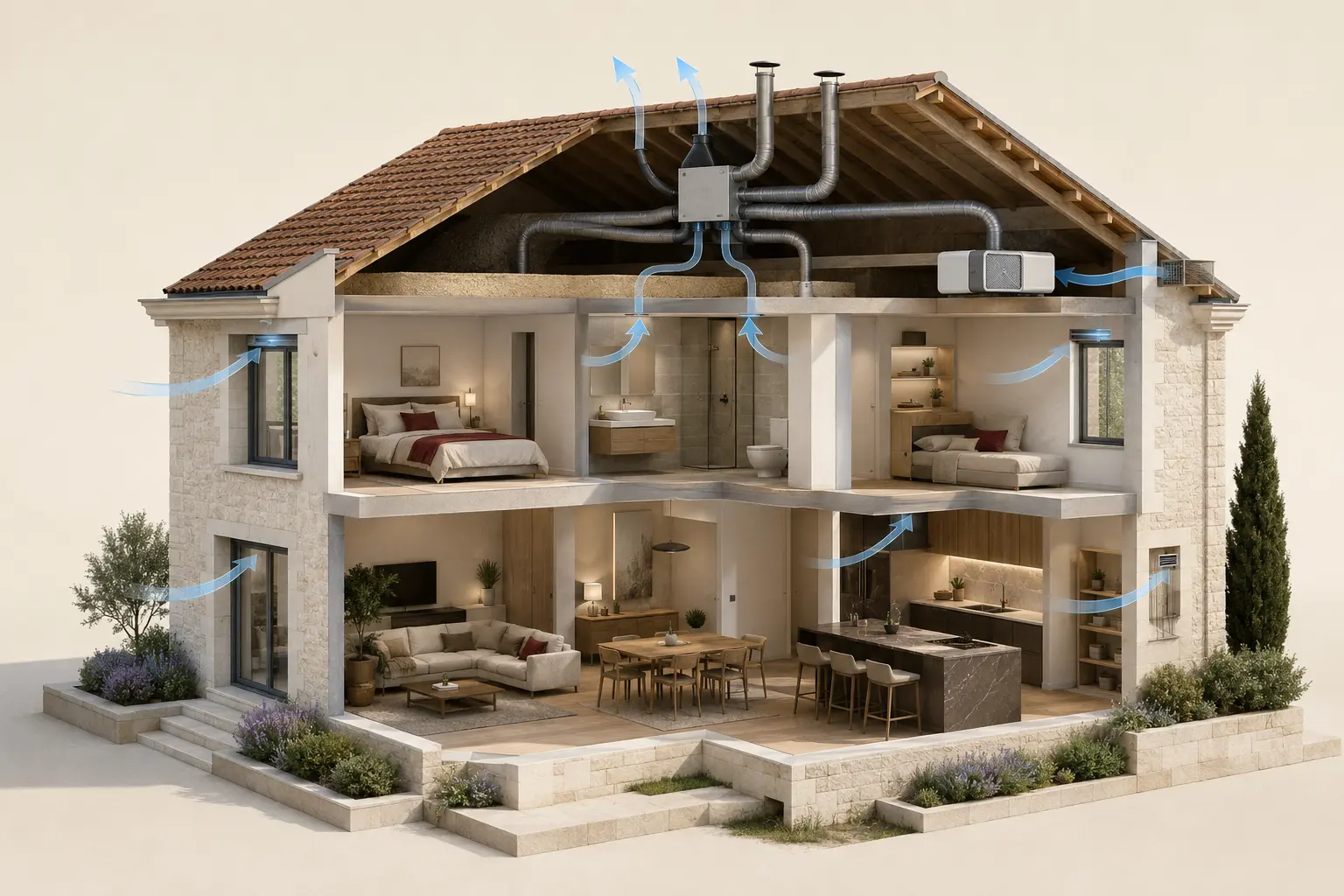Illustration comparative d’une VMC par extraction et d’une ventilation par insufflation dans une maison